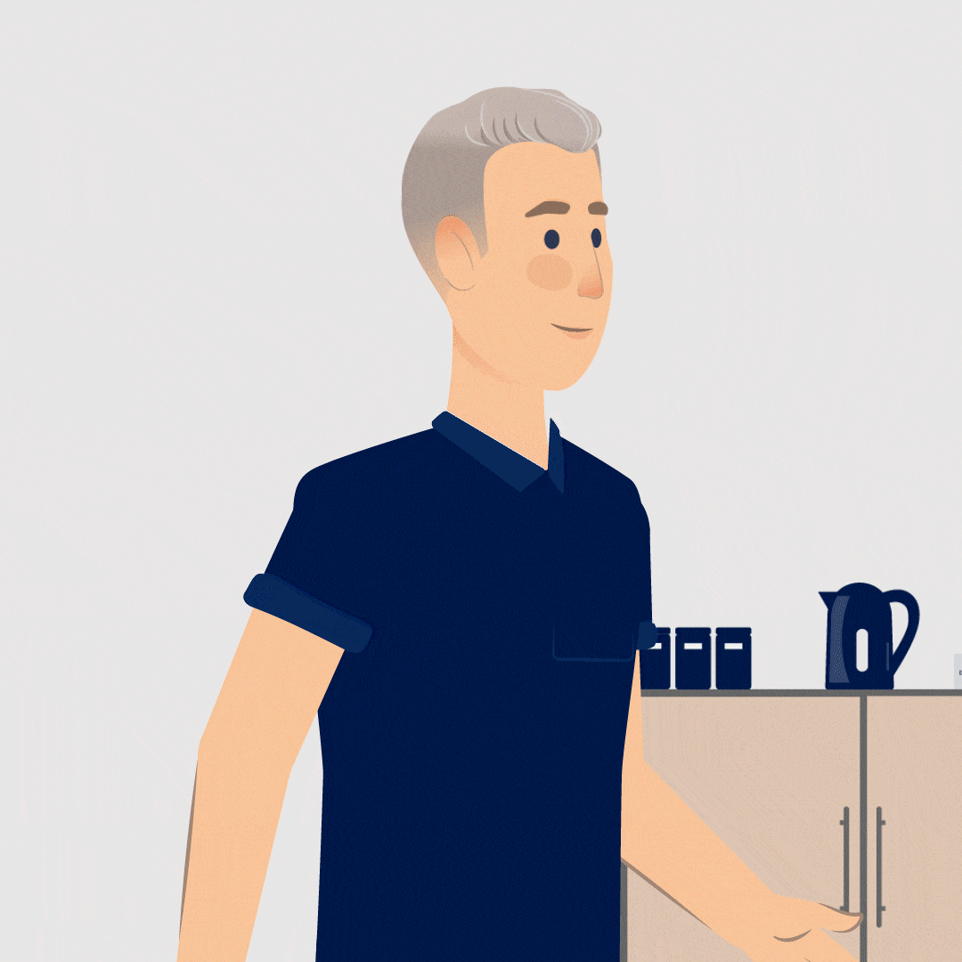 Animated walk cycle of a white male illustrated character with grey hair