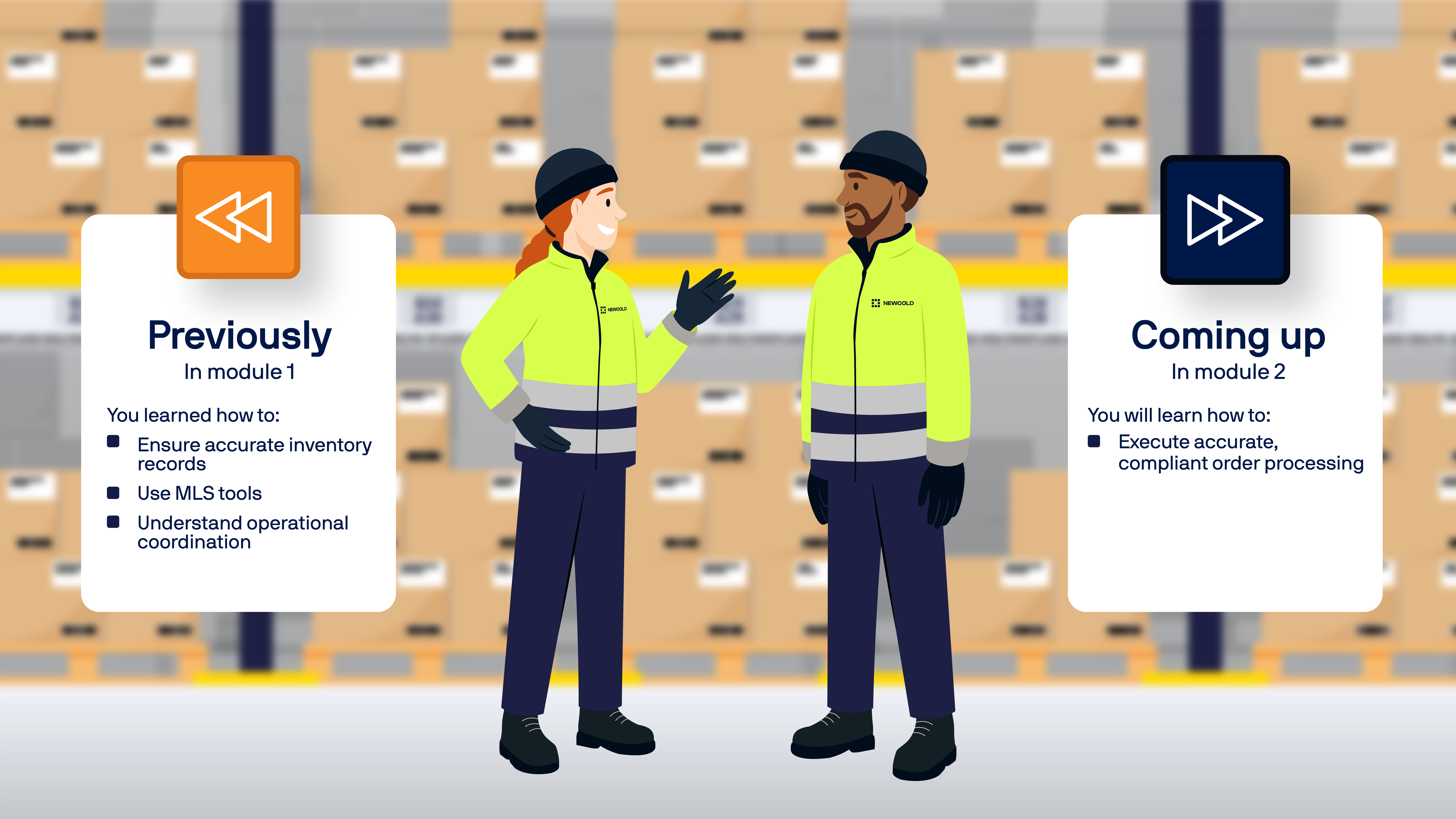 Two illustrated characters in high vis talking in a warehouse setting